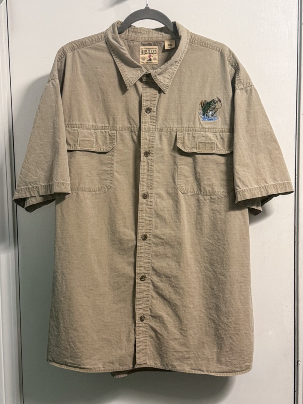RedHead Brand Co 3XL Tan Cotton Button Front Fishing Shirt Embroidered Fish